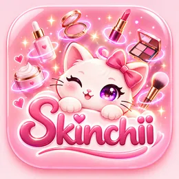 Skinchii logo: a white kitten with a pink bow surrounded by beauty products